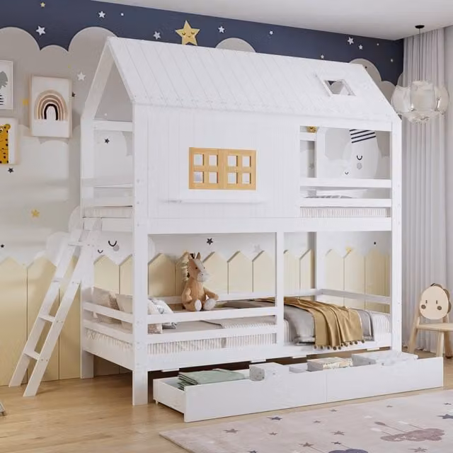 Letto a castello per bambini 90 × 200 cm con 2 cassetti, finestre e tetto, senza materasso, bianco naturale