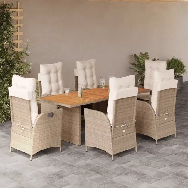 Set da pranzo da giardino vidaXL in legno di acacia e polyrattan con 7 pezzi e cuscini beige e bianchi – 1