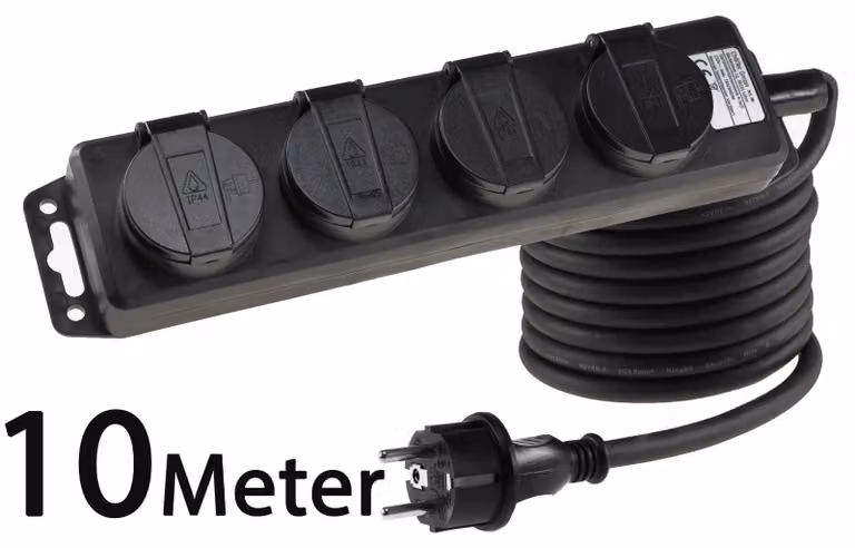 presa di corrente a 4 vie da esterno con 4 prese con contatto di terra coperchio incernierato 10 m di cavo IP44 presa multipla per uso interno ed esterno 230V 16A nero