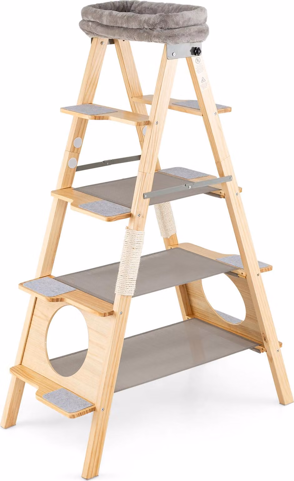 COSTWAY 151 cm tiragraffi e scala, albero per gatti a 5 piani con tiragraffi in sisal e area di riposo imbottita, in legno di pino massiccio, natura