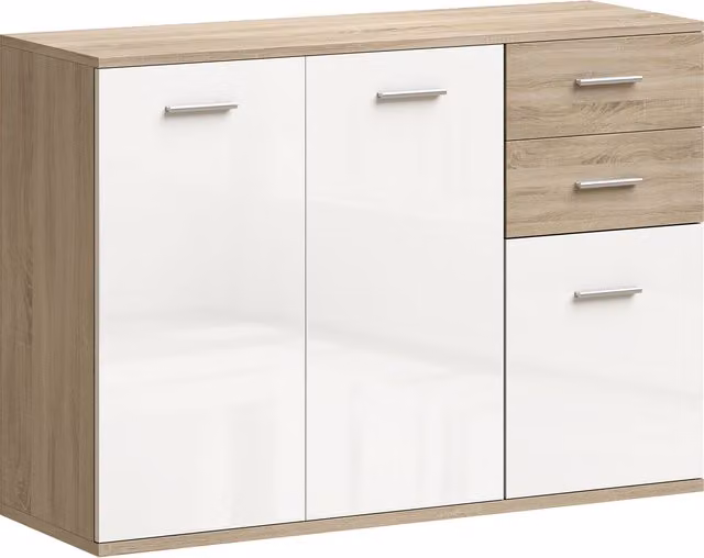 Credenza Moderna HOMCOM in Legno con 3 Armadietti e 2 Cassetti, L 106 x P 35 x H 76 cm, Colore Legno