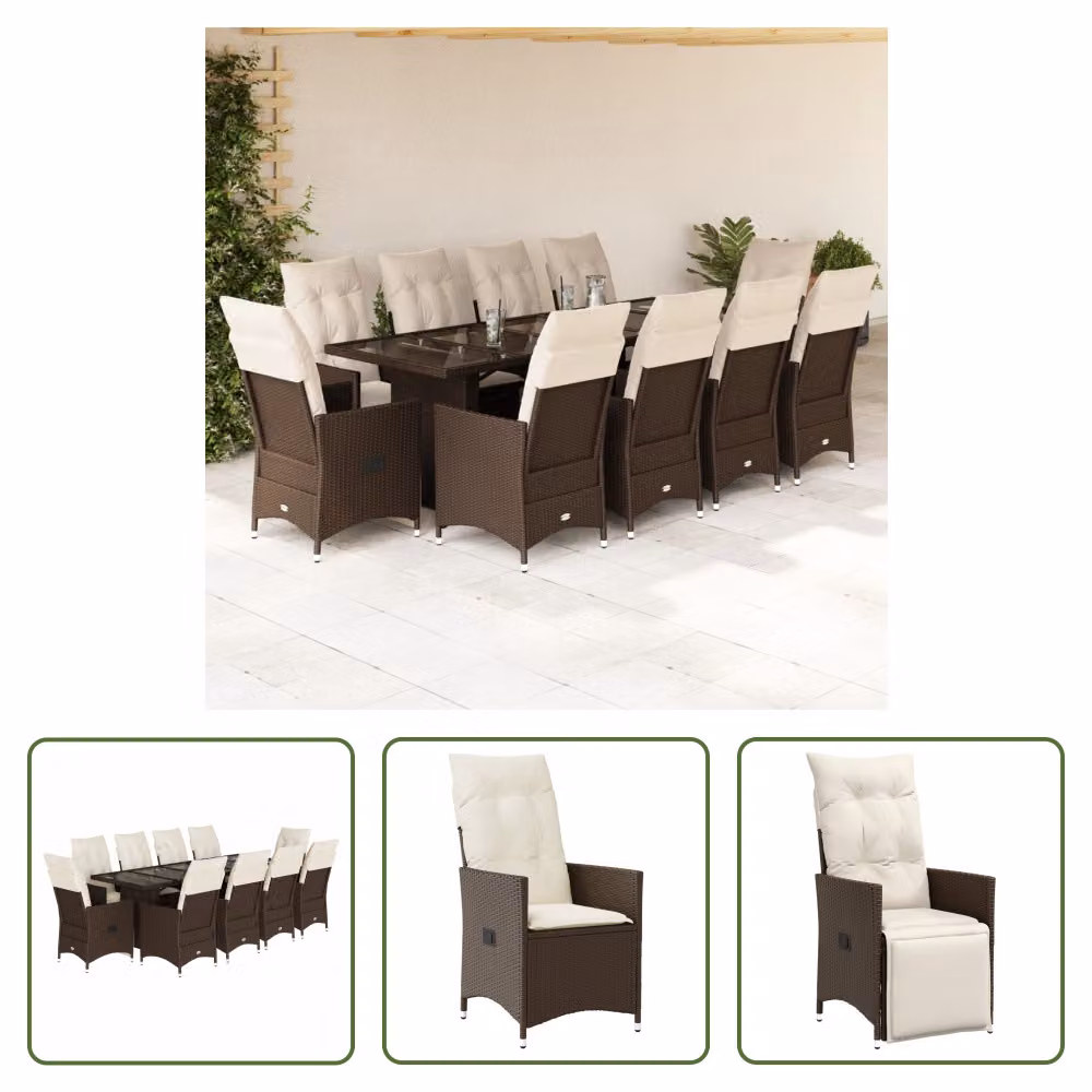 The Living Store Set bistrot da giardino 11 pezzi con cuscini in poly rattan marrone