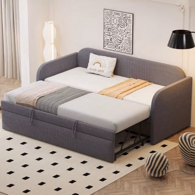Divano letto imbottito ULEVR 90x190/180x190 cm estraibile con rete a doghe, rivestimento in lino grigio
