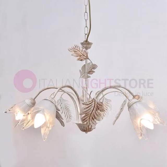 Lampadario SYBILLA IRIS LUCE in metallo e vetro con 5 luci, stile rustico floreale, regolabile in altezza, disponibile in bianco, marrone o oro/ottone