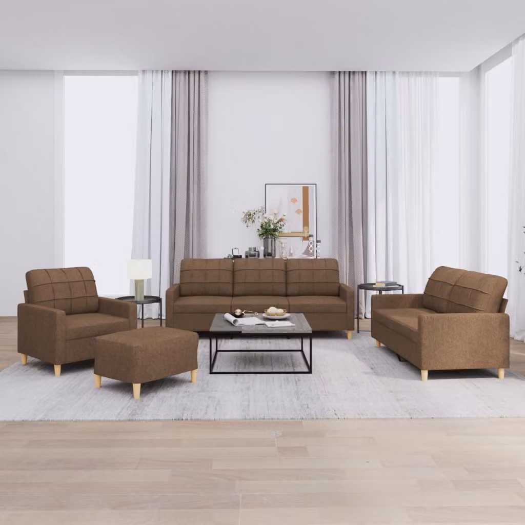 vidaXL Set di Divani Moderno 4 Pezzi in Tessuto Marrone con Cuscini e Pouf – 1