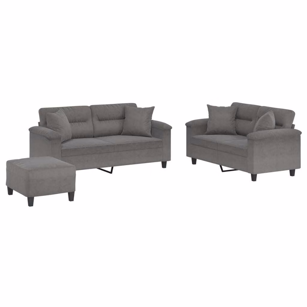 Set Divani 3 pz con Cuscini Grigio Scuro in Tessuto Microfibra