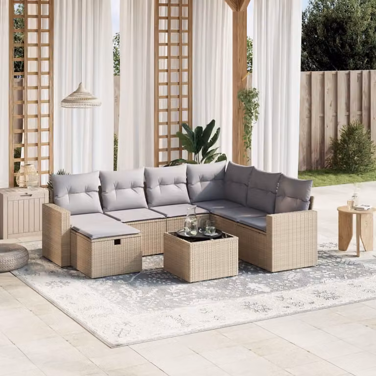 vidaXL Set Divano da Giardino a L 8 pz con Cuscini Beige e Grigio in Polyrattan e Acciaio