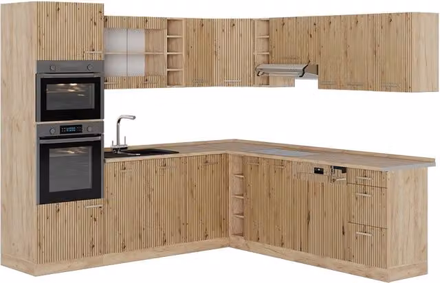 Cucina angolare moderna Vicco R-Line in rovere con ante in vetro e illuminazione integrata, L 247 cm x P 237 cm, senza piano di lavoro