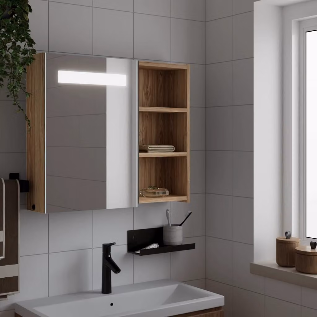 Armadietto da bagno con specchio e illuminazione LED vidaXL in rovere marrone, L: 60 cm, P: 13 cm, H: 52 cm