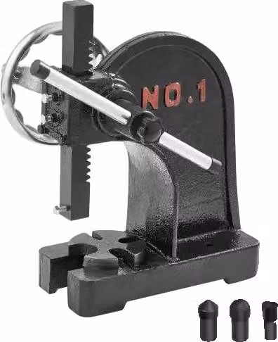 Pressa a braccio, portata 1 tonnellata, funzionamento a cricchetto, altezza massima di lavoro 15 cm, ghisa ad alta resistenza,