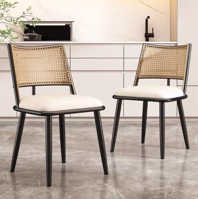 Set di 6 sedie da pranzo in rattan; seduta in PU; nere