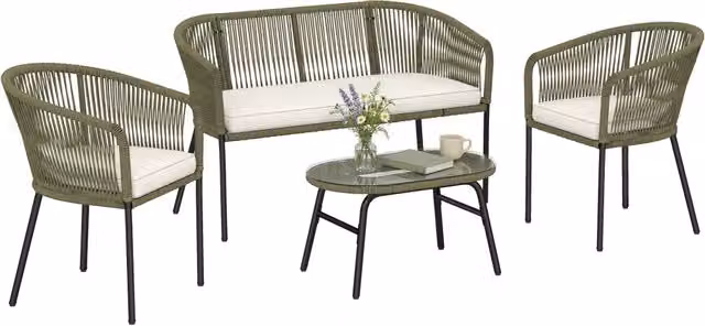 Salotto da Giardino 4 Posti, Divano 2 Posti, 2 Poltrone, Tavolino Basso in Vetro Temperato, PP Intrecciato Crema, Robusto e Resistente, per Esterno