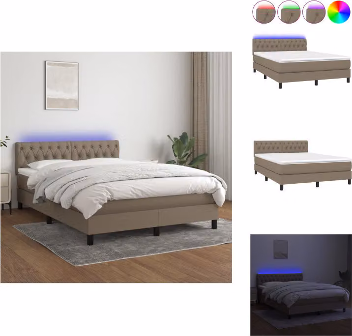 vidaXL Letto a molle con materasso e tessuto LED Taupe 140x200 cm - Letti & strutture letto