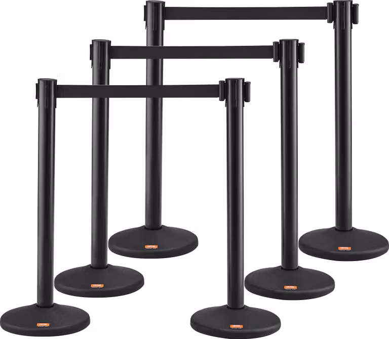 VEVOR sistema di controllo della folla nastro barriera palo barriera 6 pezzi, 2 m x 48 mm nero nastro retrattile, sistema di controllo della folla palo barriera Adatto per aeroporti, fiere, luoghi di competizione, ecc.