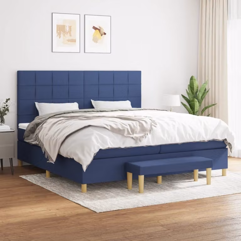 The Living Store Letto a molle con materasso blu 200x200 cm in tessuto