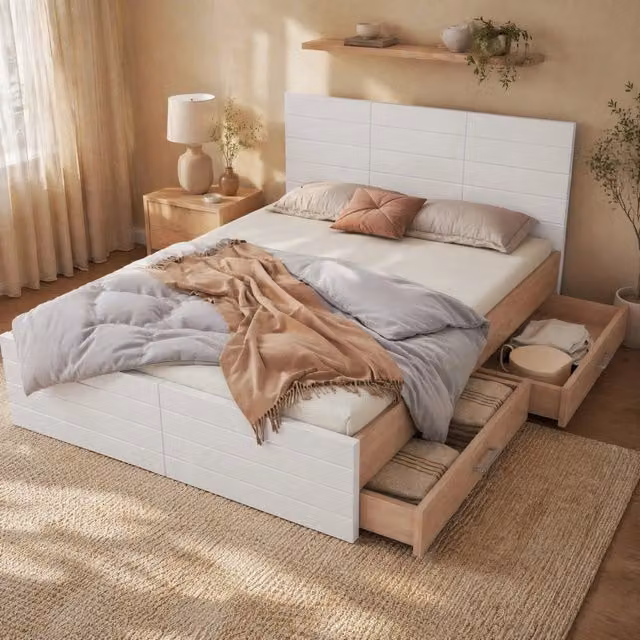 Letto Mivray con cassetti e rete a doghe in legno e MDF bianco rovere chiaro L/P/H: 140 x 200 cm