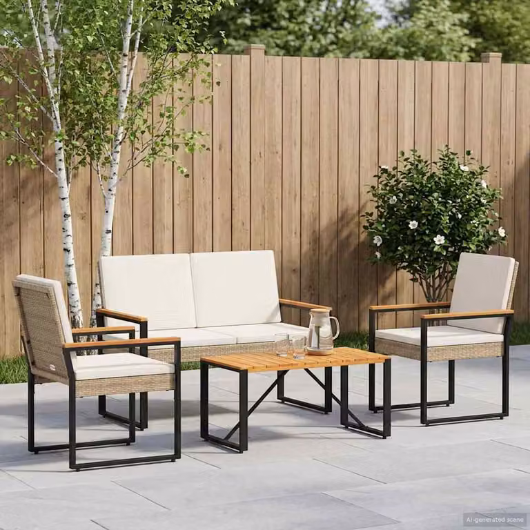 Set di mobili da esterno vidaXL in 4 pezzi in polyrattan con struttura in legno di acacia oliato e cuscini beige e bianco crema