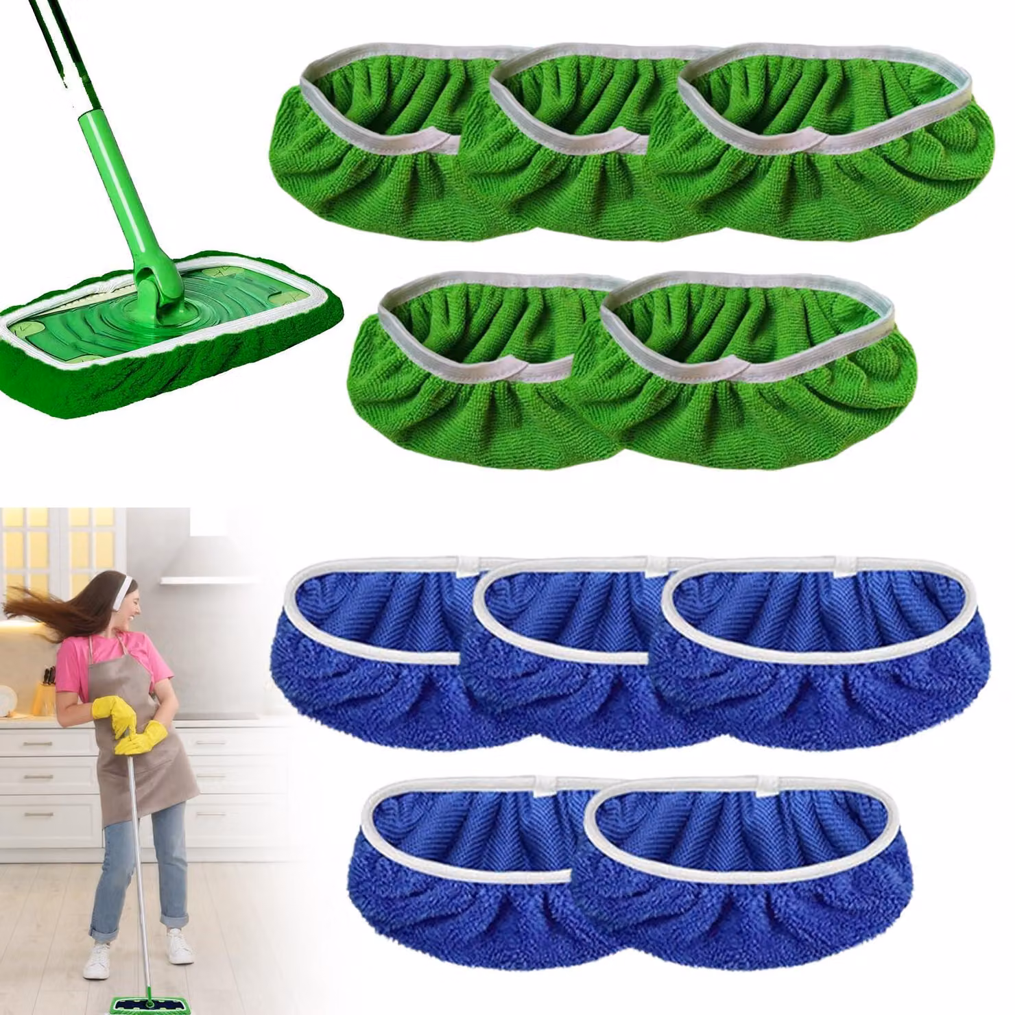 Confezione da 10 salviette umidificate per la pulizia dei pavimenti, in microfibra, dimensioni 25,4 x 11,5 cm, colore blu e verde