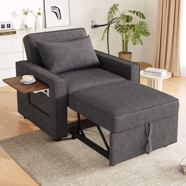 Poltrona letto reclinabile FOLYNA in velluto a coste grigio con porte USB e Type-C e tavolino, L: 150 cm, P: 93 cm, H: 85 cm