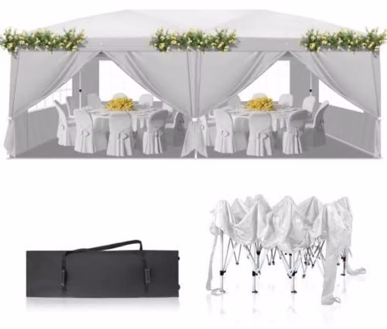 Tenda da festa 3x6 metri, altezza regolabile, impermeabile, con 6 pannelli laterali, colore bianco