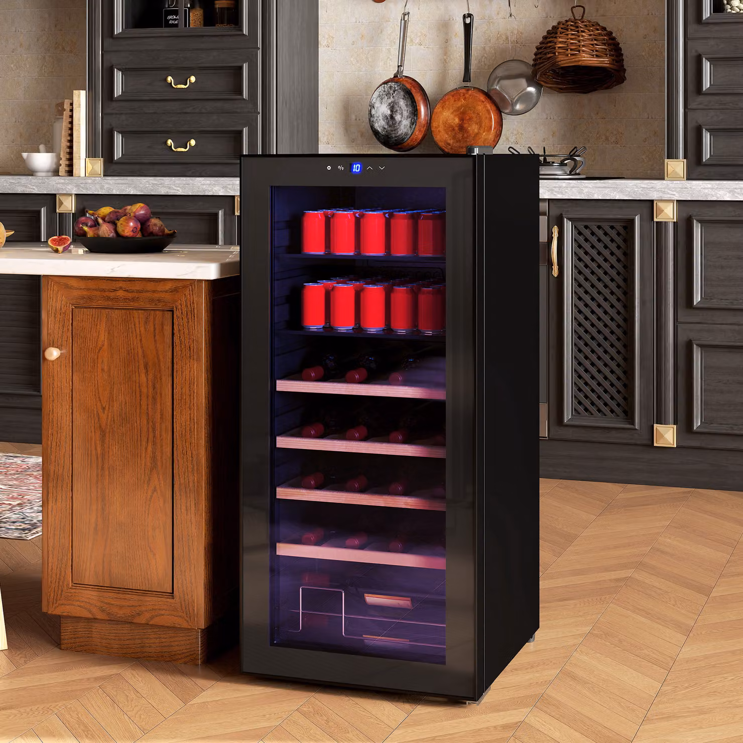 Cantinetta Frigo per Vino HOMCOM da 92L con Ripiani Regolabili per 20 Bottiglie e 50 Lattine, Nero, L/P/H: 43 x 43 x 94 cm – 2