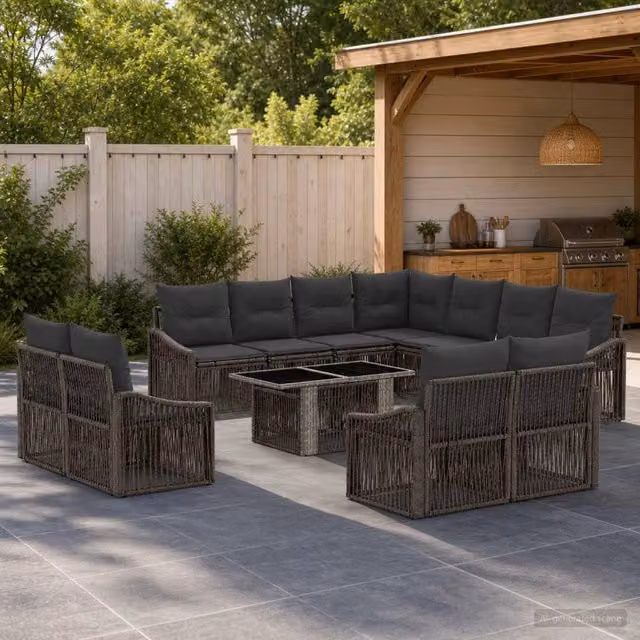 Set Divano da Giardino vidaXL a forma a U in Polyrattan Grigio e Antracite con Tavolino e Cuscini – 1