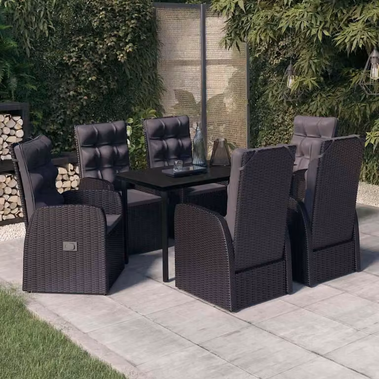 Set da pranzo da giardino vidaXL in polyrattan nero con 7 pezzi e cuscini