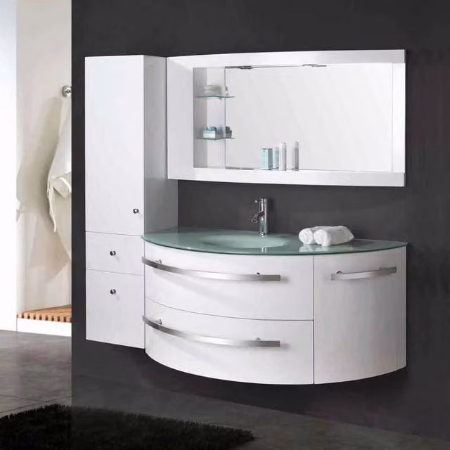Mobile bagno moderno Ambassador bianco con base lavabo, colonna e specchiera L: 120 cm, P: 56 cm, H: 56 cm