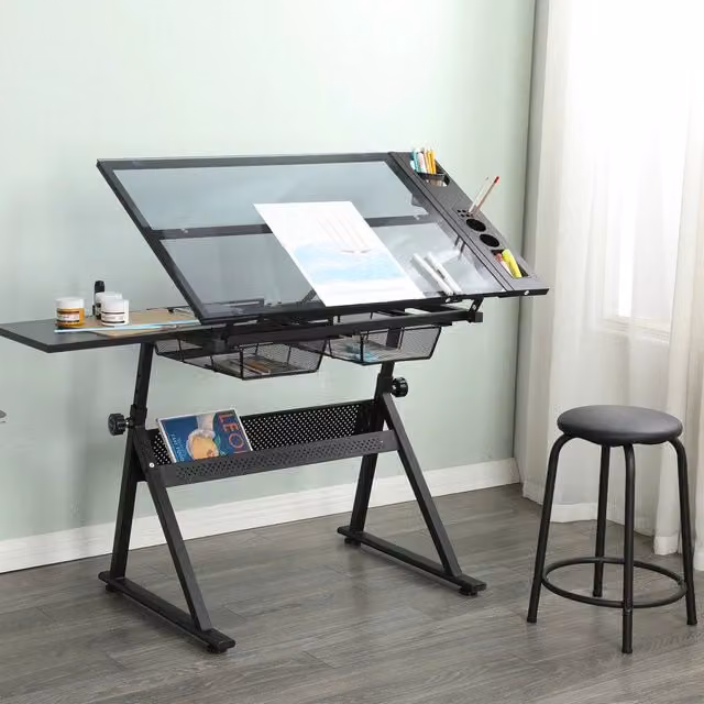 Tavolo da Disegno in Vetro Temperato Regolabile con Sedia ¨C Xylo ¨C Nero