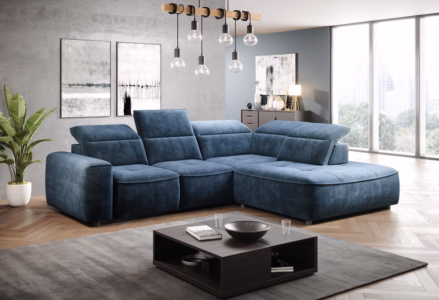 Divano ad angolo a forma di L, rivestito in tessuto, design ideale per creare un'area living elegante. Divano imbottito, parte di una collezione di mobili