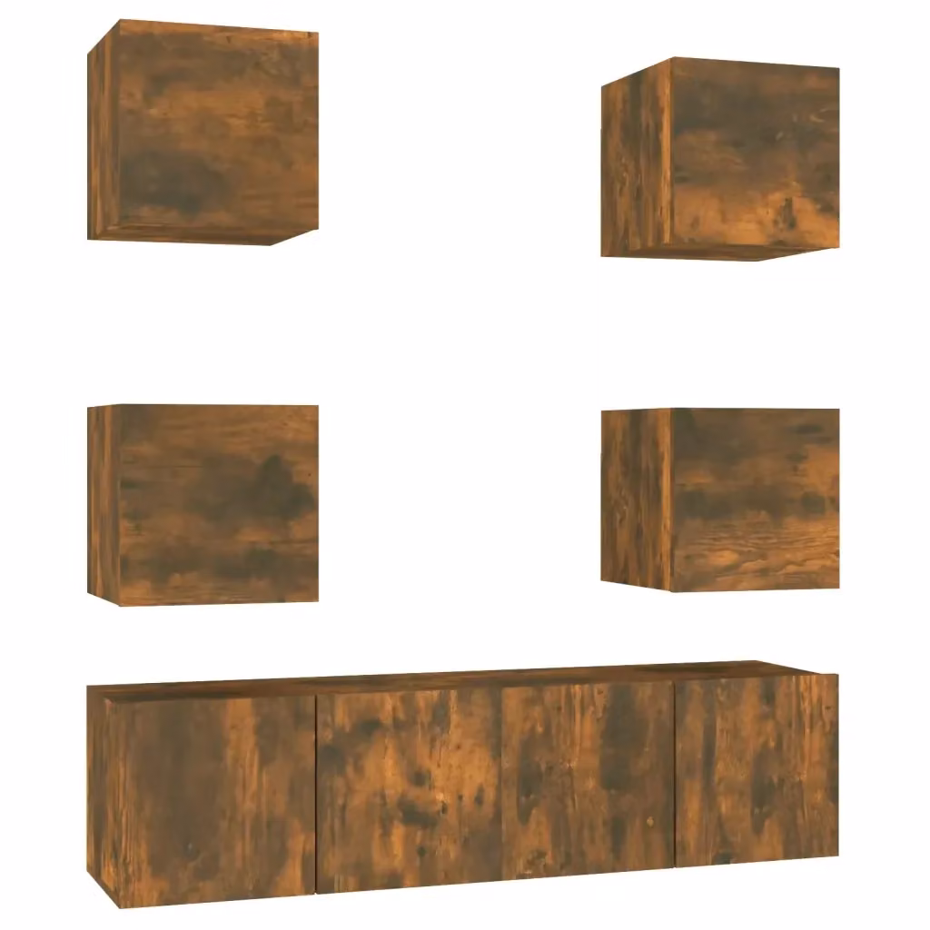 Set di mobili porta TV da 6 pezzi vidaXL in legno multistrato color rovere fumo marrone per soggiorno con montaggio a parete – 2