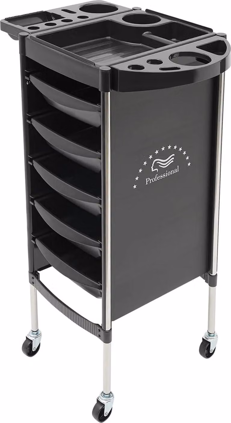 Carrello da salone mobile - Carrello da parrucchiere - 5 cassetti, ripiano superiore, 6 ripiani, 4 rotelle, chiudibile a chiave, struttura in acciaio inossidabile + plastica - Nero