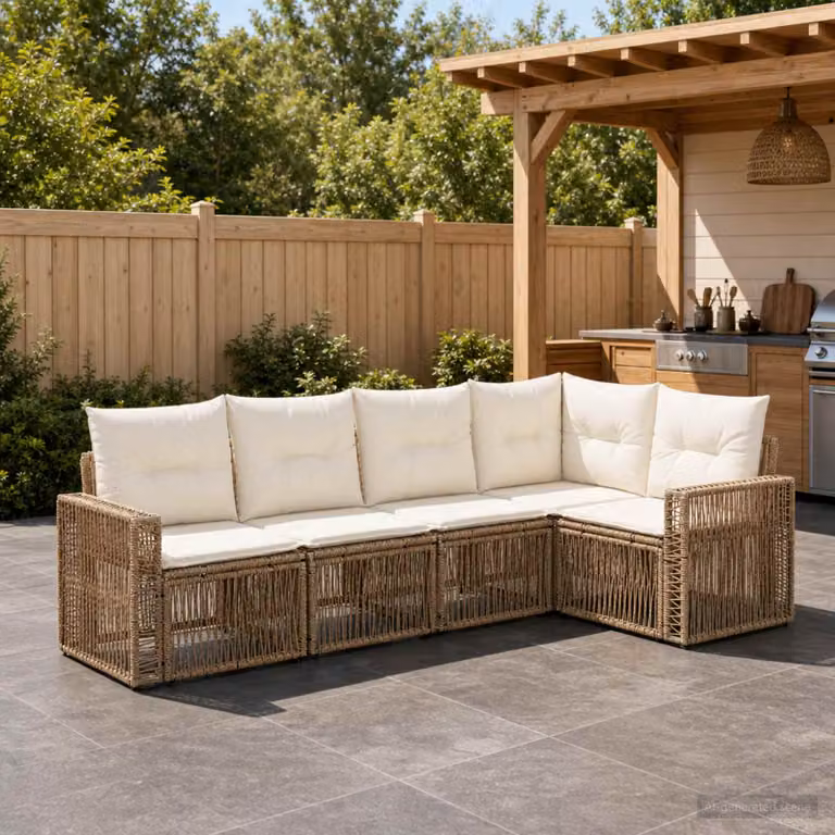 Set Divano da Giardino a L vidaXL in Polyrattan con Cuscini Beige e Bianco Crema