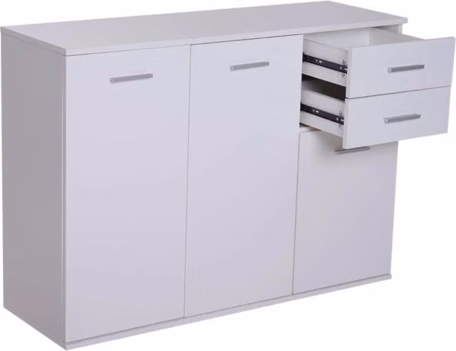 Armadietto Benzoni Moderno in MDF Bianco Lucido con 3 Ante e 2 Cassetti, L/P/H: 106 x 35 x 76 cm