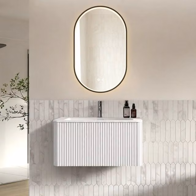 Mobile sottolavabo sospeso con lavabo integrato e specchio LED antiappannamento in MDF bianco per bagno