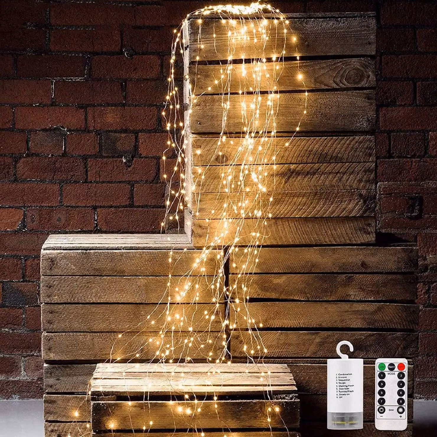 Catena luminosa a LED con 200 micro-LED bianchi caldi, lunghezza 2 metri, alimentazione a batteria