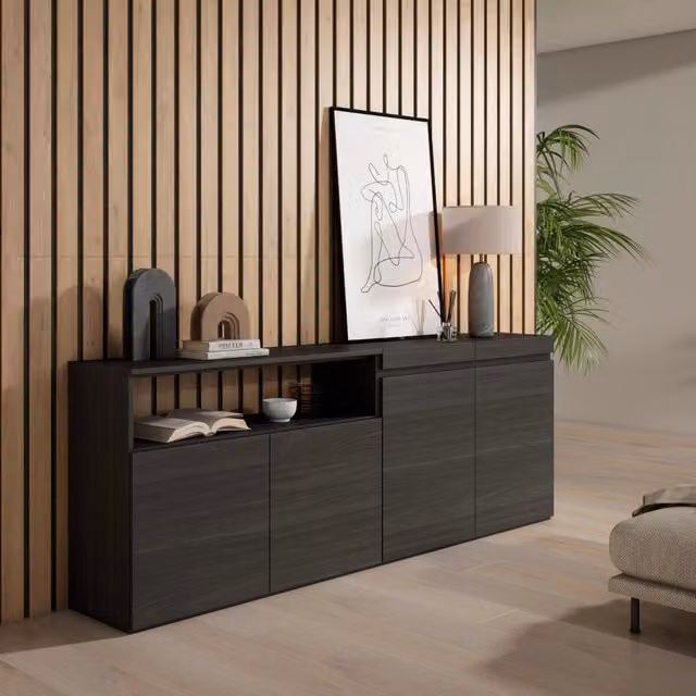 Credenza, Mobile, 200x35x75cm, 4 Porte, grande stoccaggio, Nero RF2383