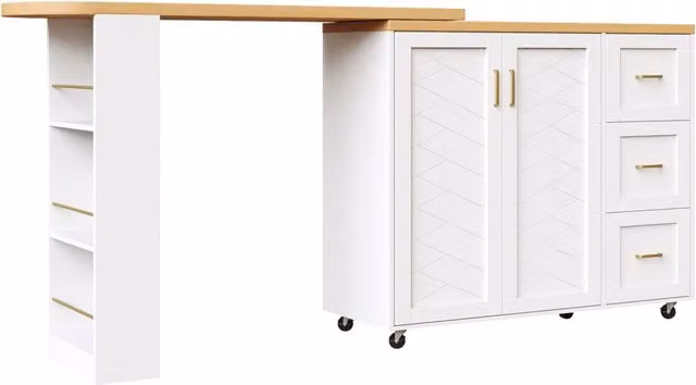 Carrello Bar Estensibile con 2 Ante, 3 Cassetti e Piano in Effetto Legno, Bianco/Nero, 135-228x39x104 cm, con Ruote Girevoli