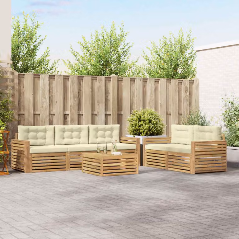Set di divani da esterno a L vidaXL in legno di acacia con tavolo da caffè, 6 pezzi, Bianco e Beige