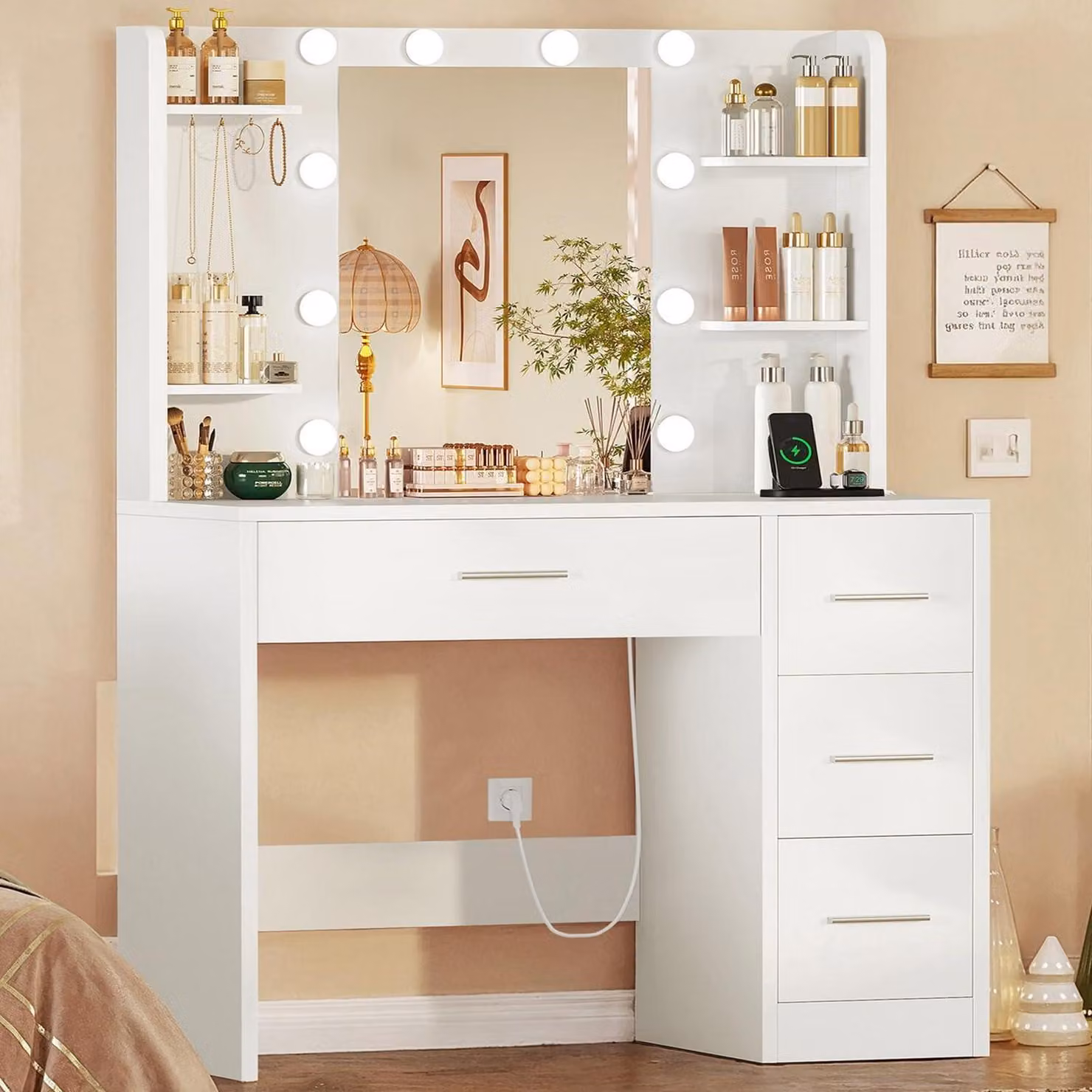 Comò da trucco con specchio, illuminazione, presa di corrente, 4 cassetti, 4 ripiani, 5 ganci per gioielli, colore bianco