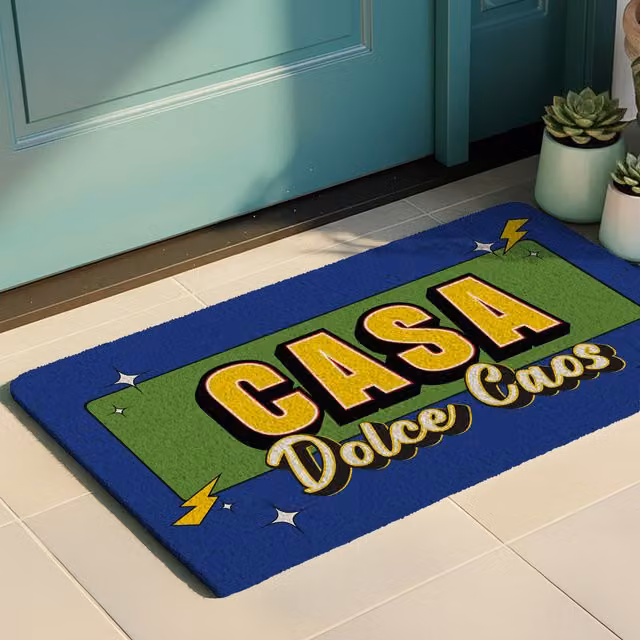 Zerbino Casa dolce caos blu con fondo antiscivolo e proprietà dirt repellent, L: 70 cm, P: 40 cm