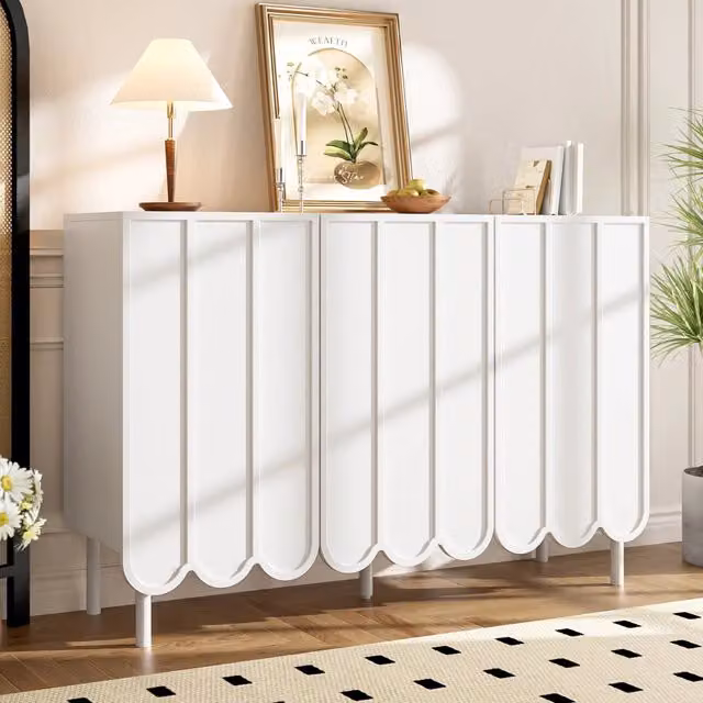 Credenza moderna con ante ondulate e sistema push in MDF bianco opaco L: 120 cm, P: 35 cm, H: 80 cm
