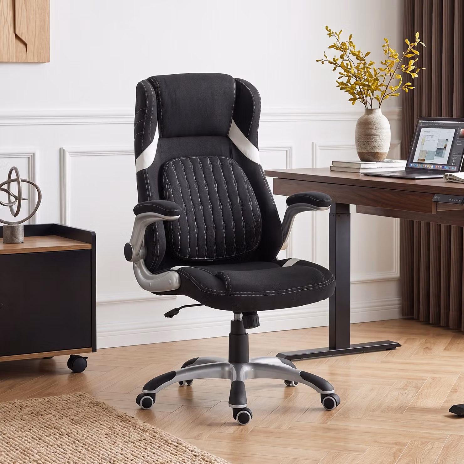 Sedia da ufficio ergonomica Vinsetto in tessuto effetto lino con supporto lombare, dondolo e braccioli, colore nero – 2