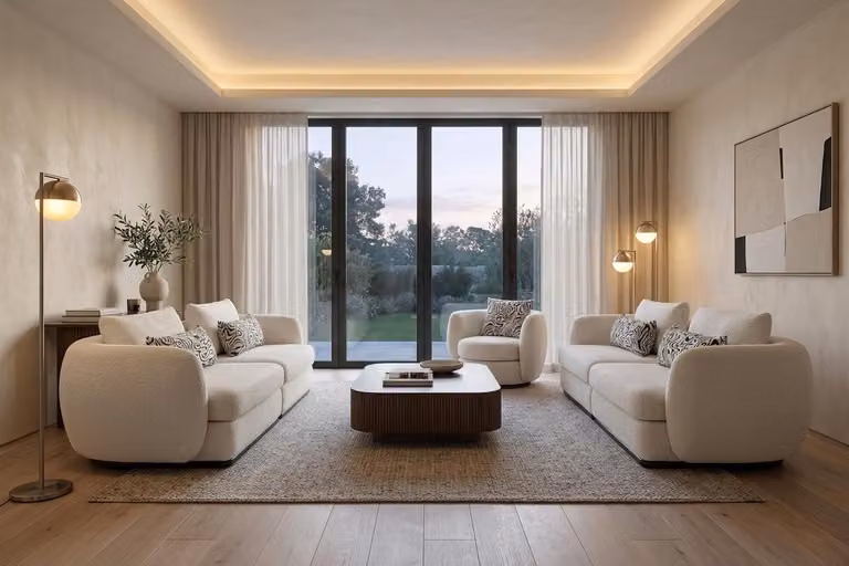 Divano moderno bianco crema, elegante, con tre posti, divano e poltrona