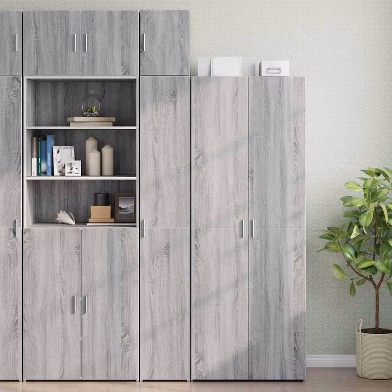 Mobile sottile vidaXL in legno MDF grigio, con ante a battente e ripiani interni, L 42,5 cm x P 30 cm x H 225 cm
