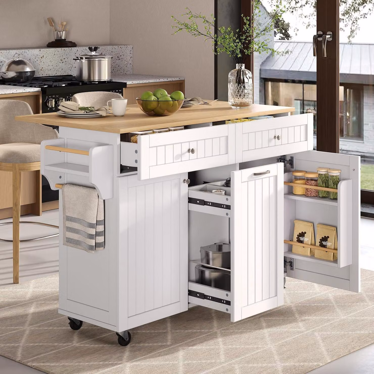 Isola da cucina con ruote, 140 cm, bianca, con piano di lavoro pieghevole, cassetti e vano per contenitore dei rifiuti