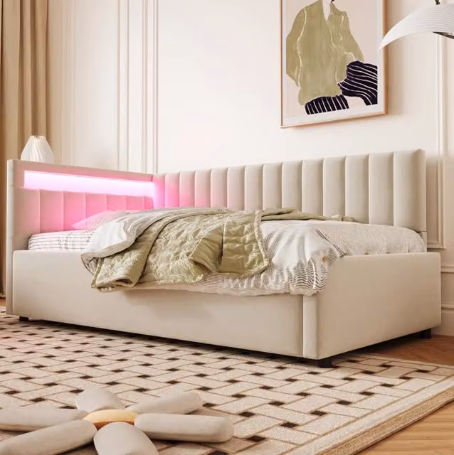 Divano letto imbottito 90x200 in velluto beige con LED e contenitore idraulico