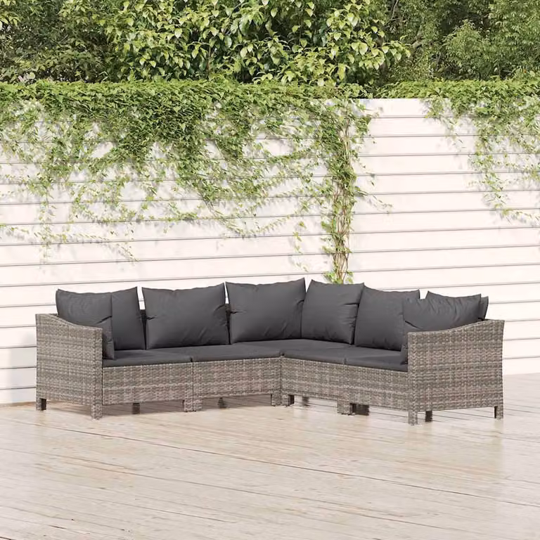 Set di divani da giardino vidaXL a forma di L composto da 5 pezzi con cuscini in polyrattan e struttura in metallo grigio