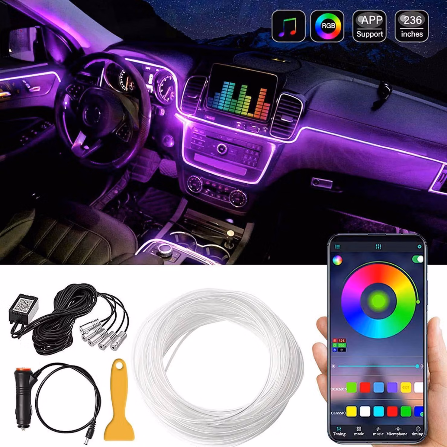 Illuminazione interna per auto a LED, con 16 milioni di colori, sistema di guida luminosa da 5,8 metri, controllo RGB sensibile al suono, controllo tramite app