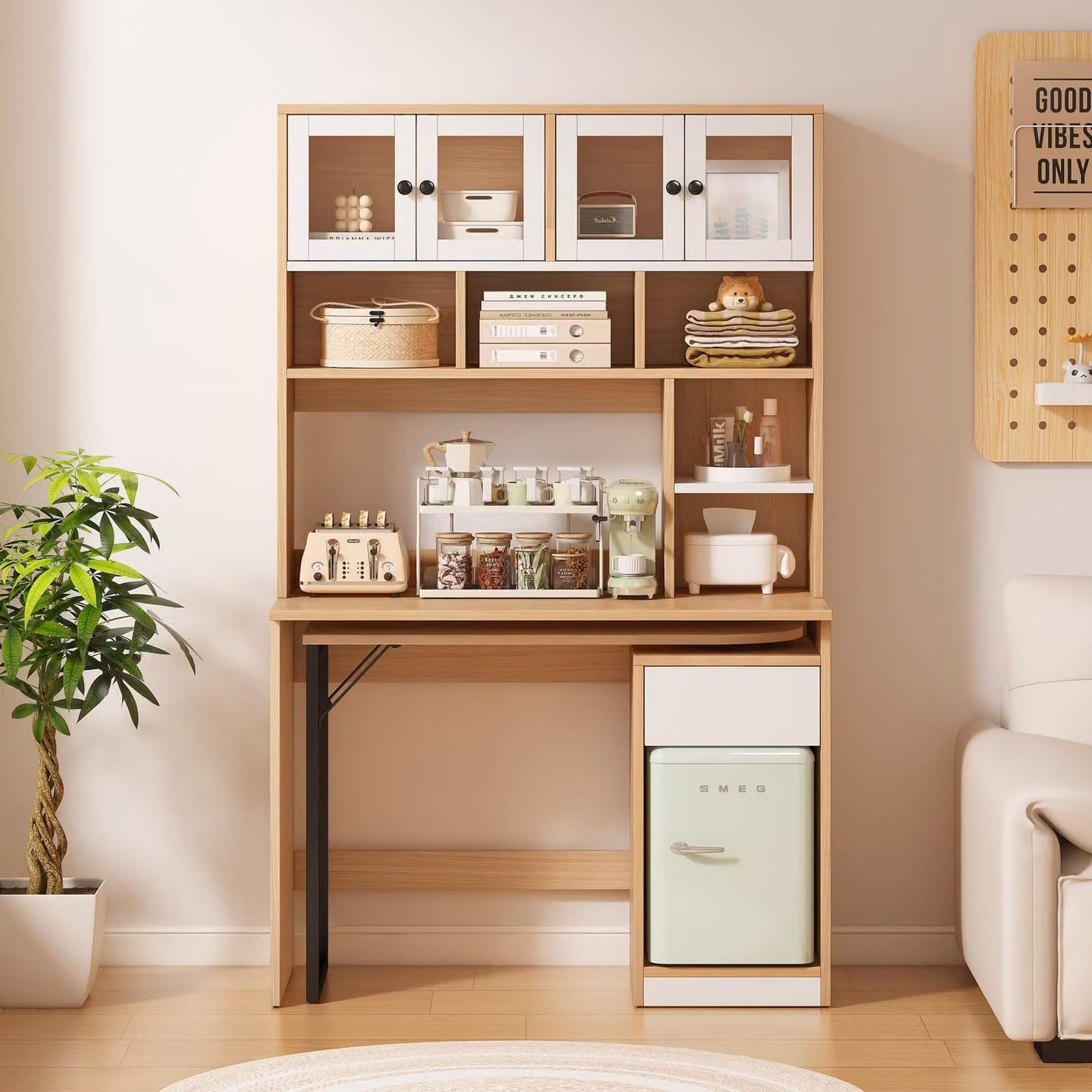 Scrivania con armadietto alto da 180 cm, scrivania girevole, scrivania bianca con decorazioni in legno e ante in vetro acrilico